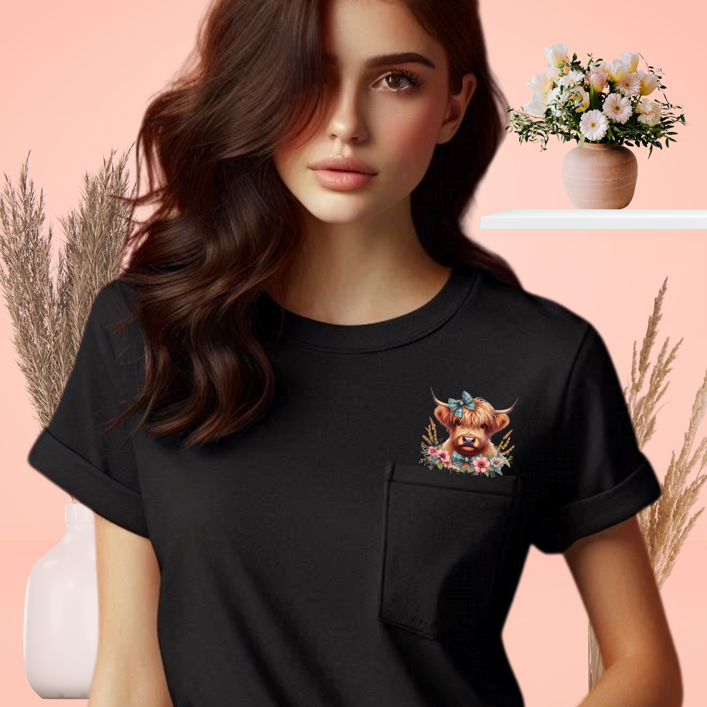 Whimsical Highland Cow and Floral Pocket Tee, Nature Lover Mom Pocket Tshirt, Mothers Day Gift Casual Graphic Gift for Friends Everyday Wear