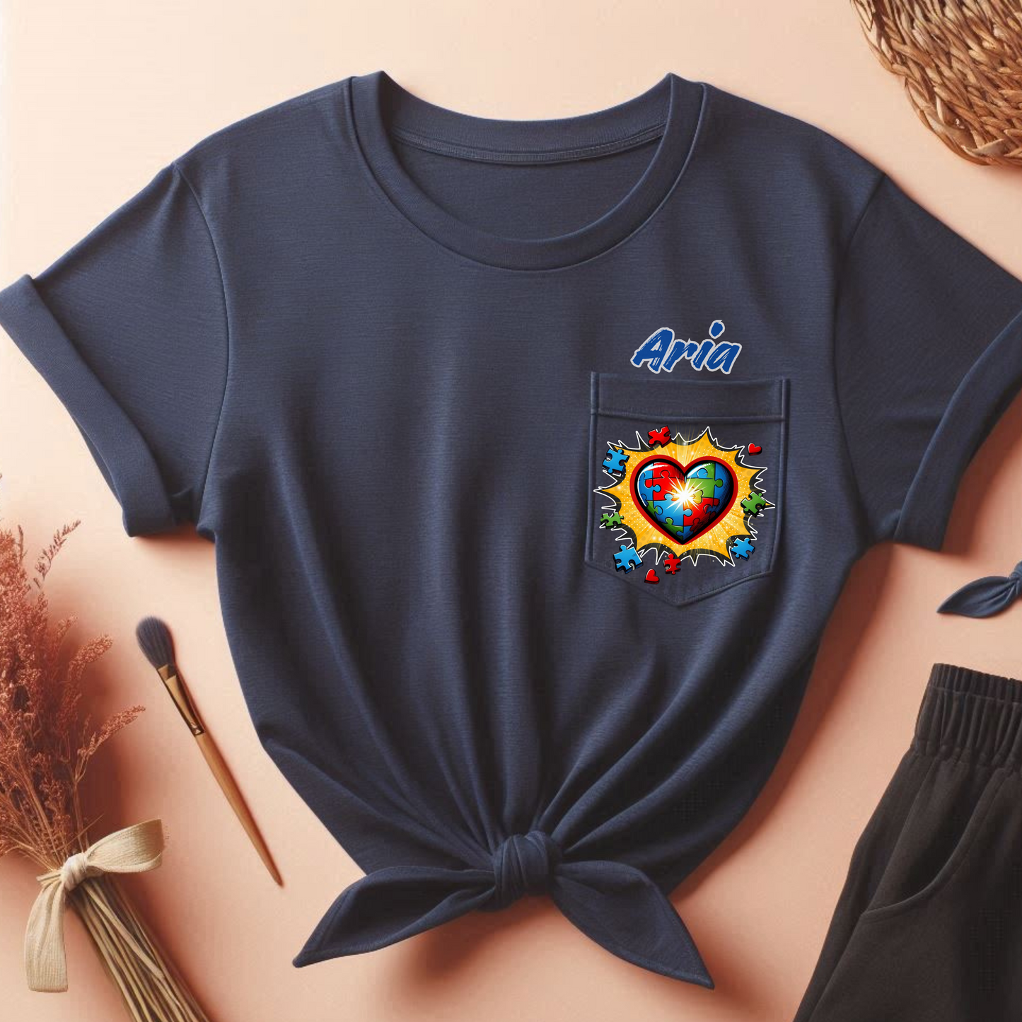 Personalized Autism Awareness Pocket Tee Customizable Name, ASD Advocate Puzzle Piece Heart Superhero Pow Shirt, Autism Spectrum Disorder