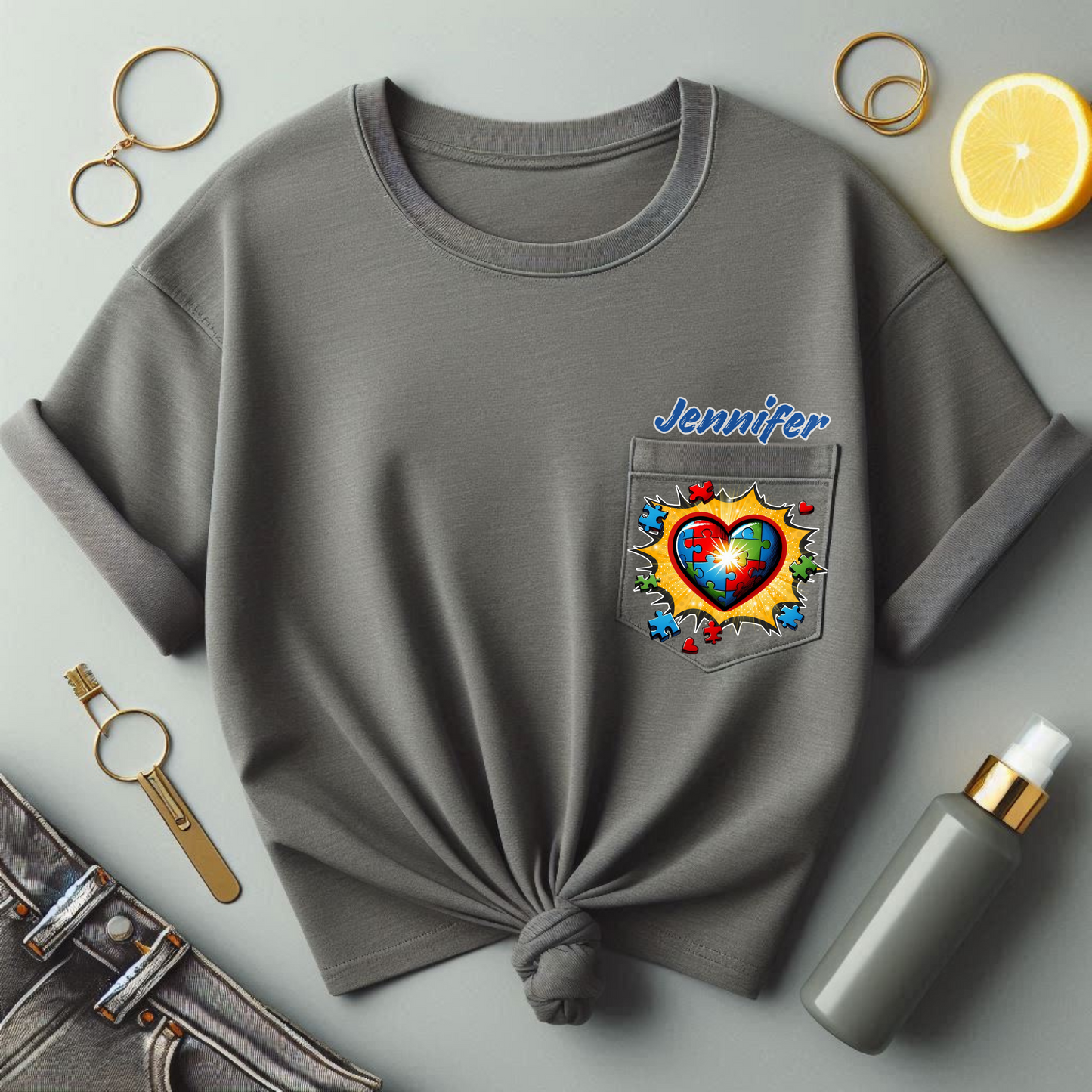 Personalized Autism Awareness Pocket Tee Customizable Name, ASD Advocate Puzzle Piece Heart Superhero Pow Shirt, Autism Spectrum Disorder