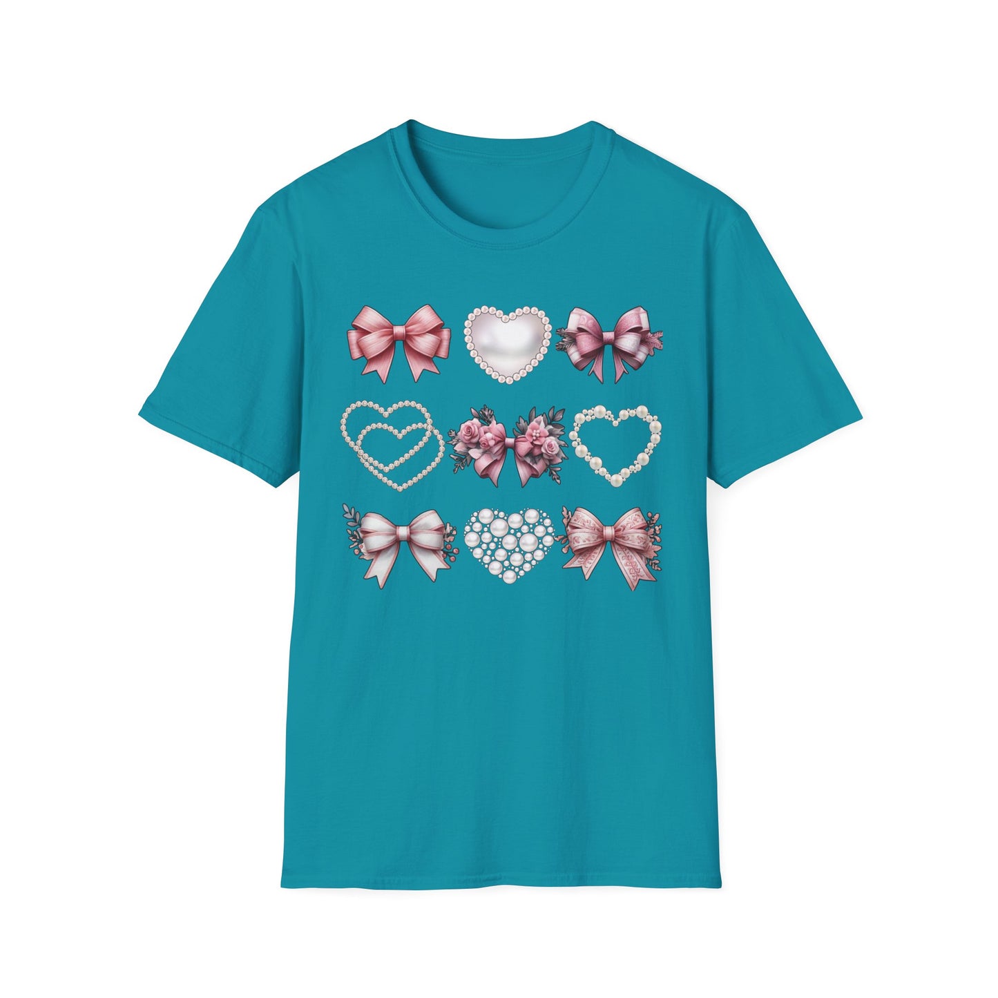 Coquette Bow, Pearls, and Hearts Shirt, Trendy and Chic design, Everyday Casual Wear, Unique Gift Idea, Unisex Softstyle Tee