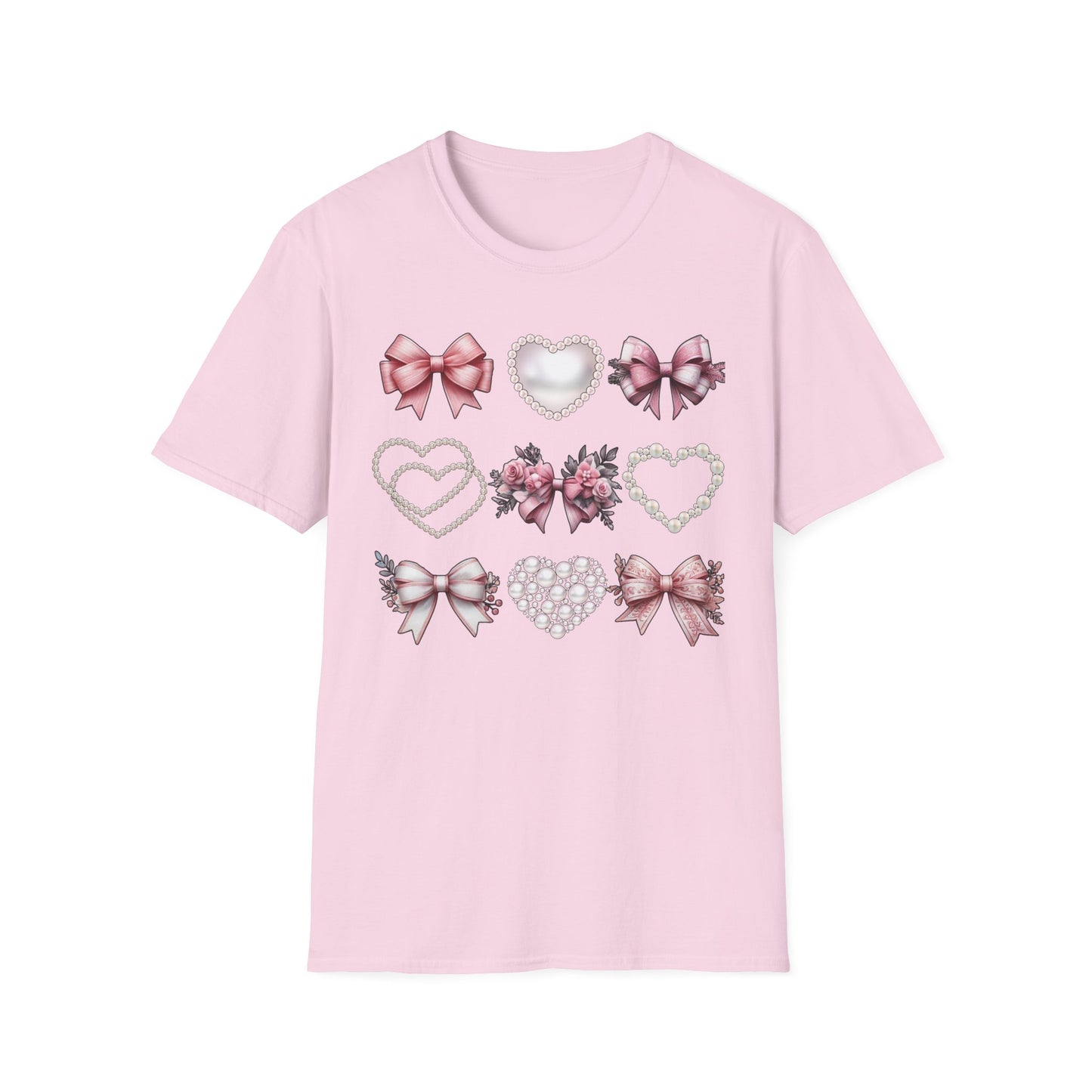 Coquette Bow, Pearls, and Hearts Shirt, Trendy and Chic design, Everyday Casual Wear, Unique Gift Idea, Unisex Softstyle Tee