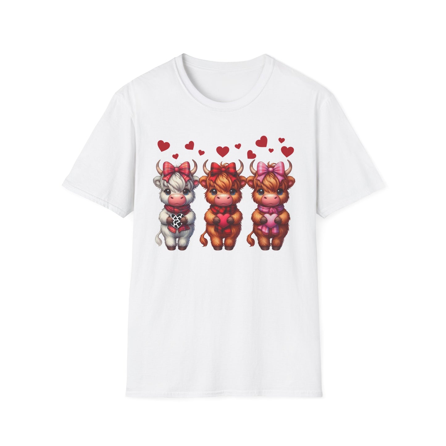 Highland Cow Valentine Shirt, Trendy Cute Farmhouse Valentine Tee, Cows Hearts & Bows, Casual Wear, Unique Gift Idea, Unisex Softstyle Tee