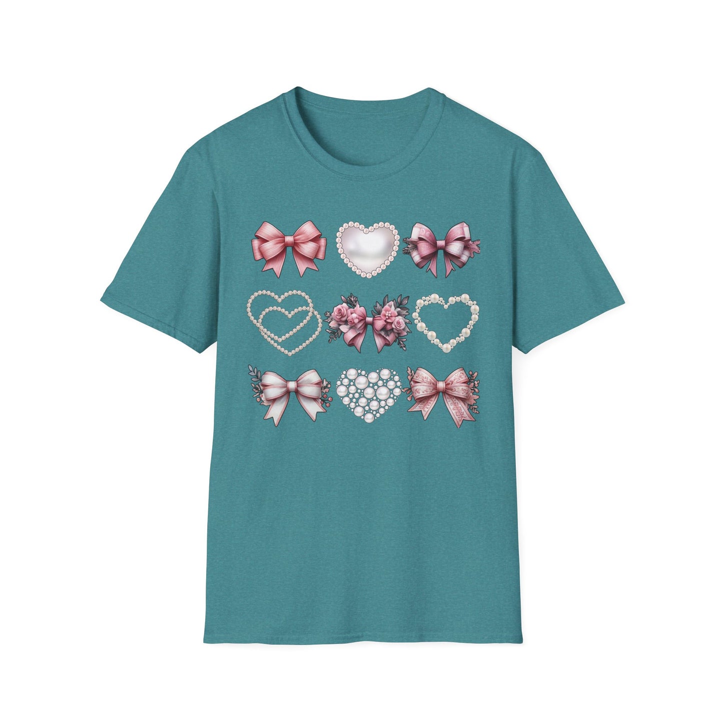 Coquette Bow, Pearls, and Hearts Shirt, Trendy and Chic design, Everyday Casual Wear, Unique Gift Idea, Unisex Softstyle Tee