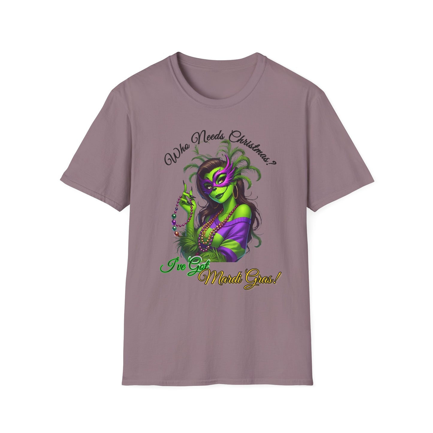 Mardi Gras T-Shirt, Sassy Grinch Graphic Tee, Unisex Softstyle Tee, Carnival Celebration Shirt, Fun Festive Wear, Holiday Gift