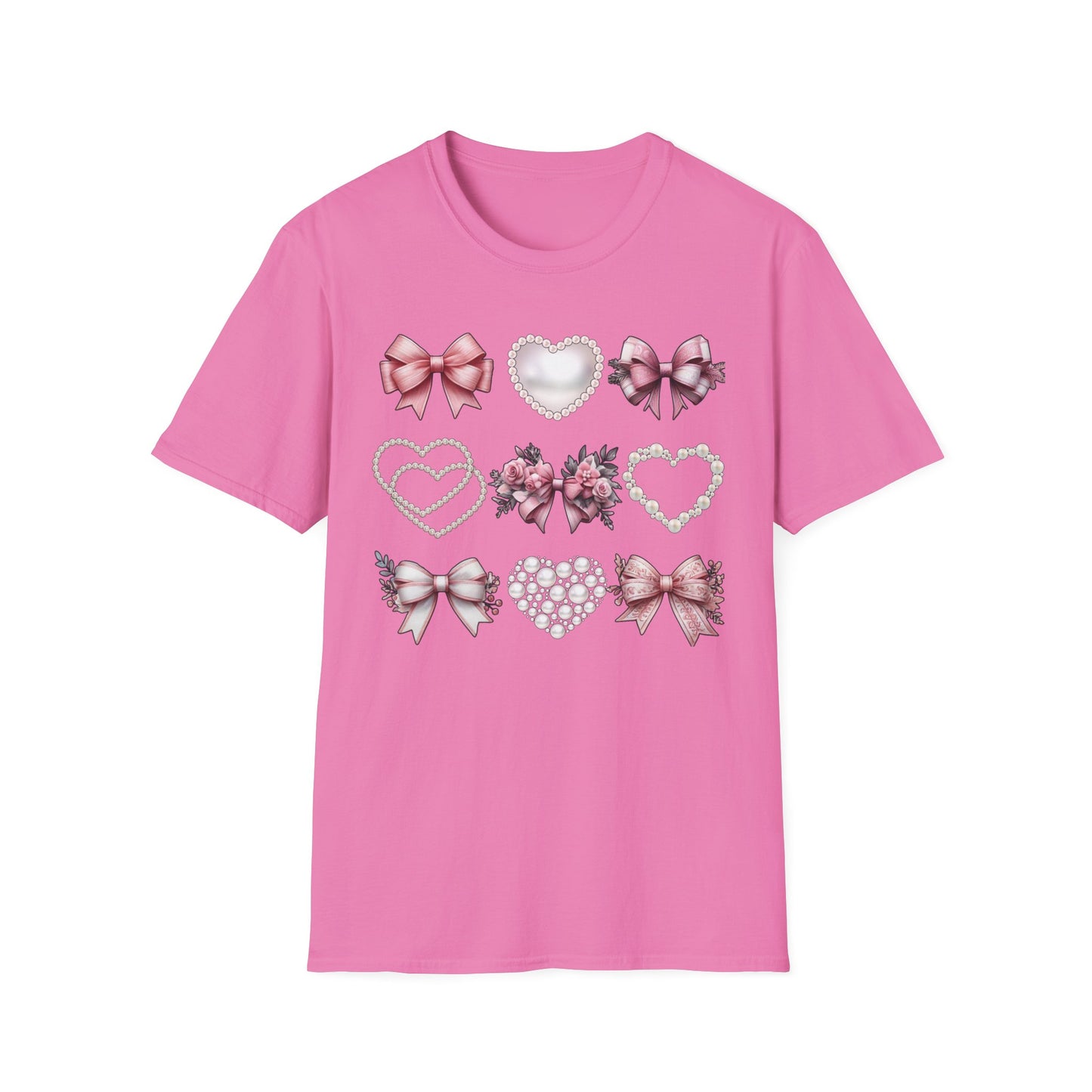 Coquette Bow, Pearls, and Hearts Shirt, Trendy and Chic design, Everyday Casual Wear, Unique Gift Idea, Unisex Softstyle Tee