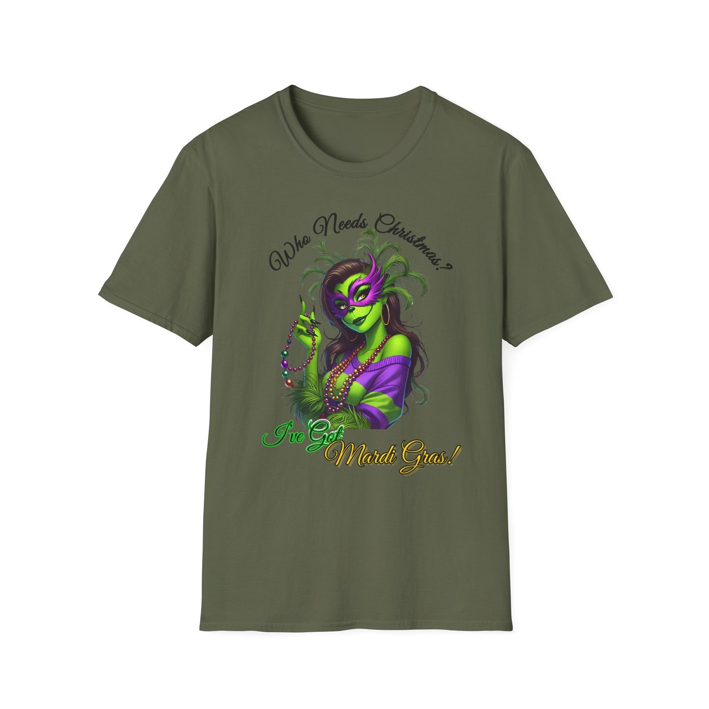 Mardi Gras T-Shirt, Sassy Grinch Graphic Tee, Unisex Softstyle Tee, Carnival Celebration Shirt, Fun Festive Wear, Holiday Gift