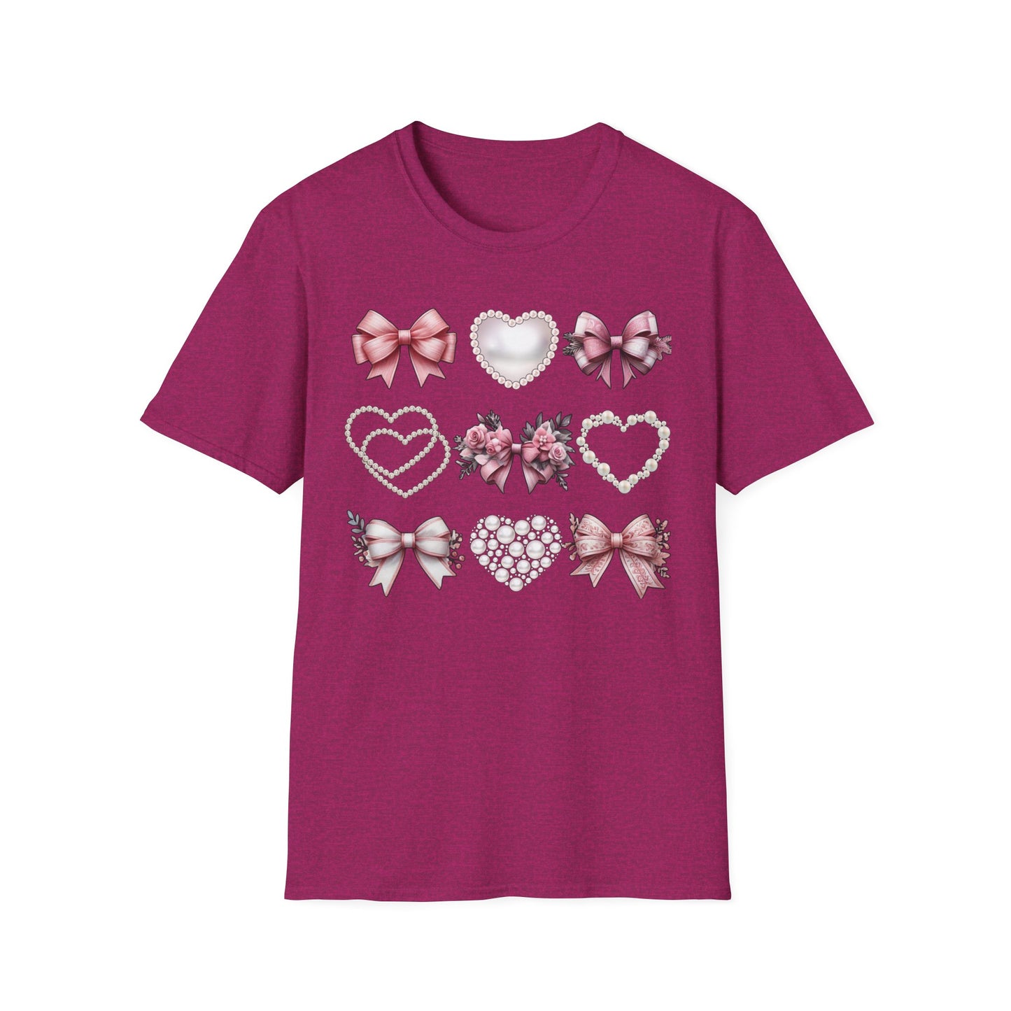 Coquette Bow, Pearls, and Hearts Shirt, Trendy and Chic design, Everyday Casual Wear, Unique Gift Idea, Unisex Softstyle Tee