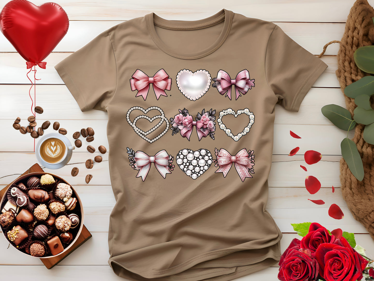 Coquette Bow, Pearls, and Hearts Shirt, Trendy and Chic design, Everyday Casual Wear, Unique Gift Idea, Unisex Softstyle Tee