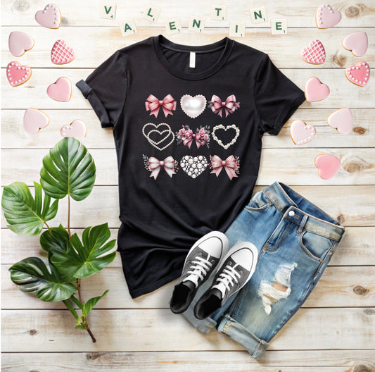 Coquette Bow, Pearls, and Hearts Shirt, Trendy and Chic design, Everyday Casual Wear, Unique Gift Idea, Unisex Softstyle Tee