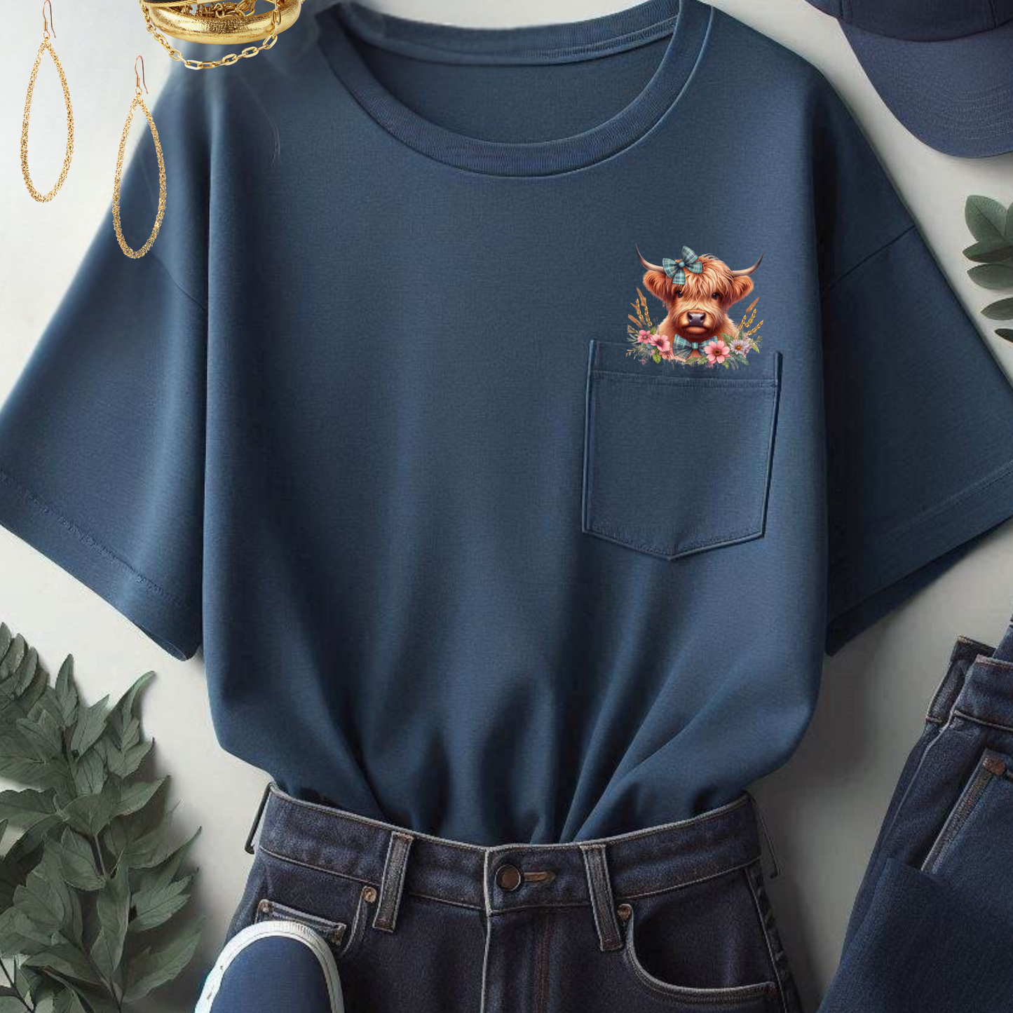 Whimsical Highland Cow and Floral Pocket Tee, Nature Lover Mom Pocket Tshirt, Mothers Day Gift Casual Graphic Gift for Friends Everyday Wear