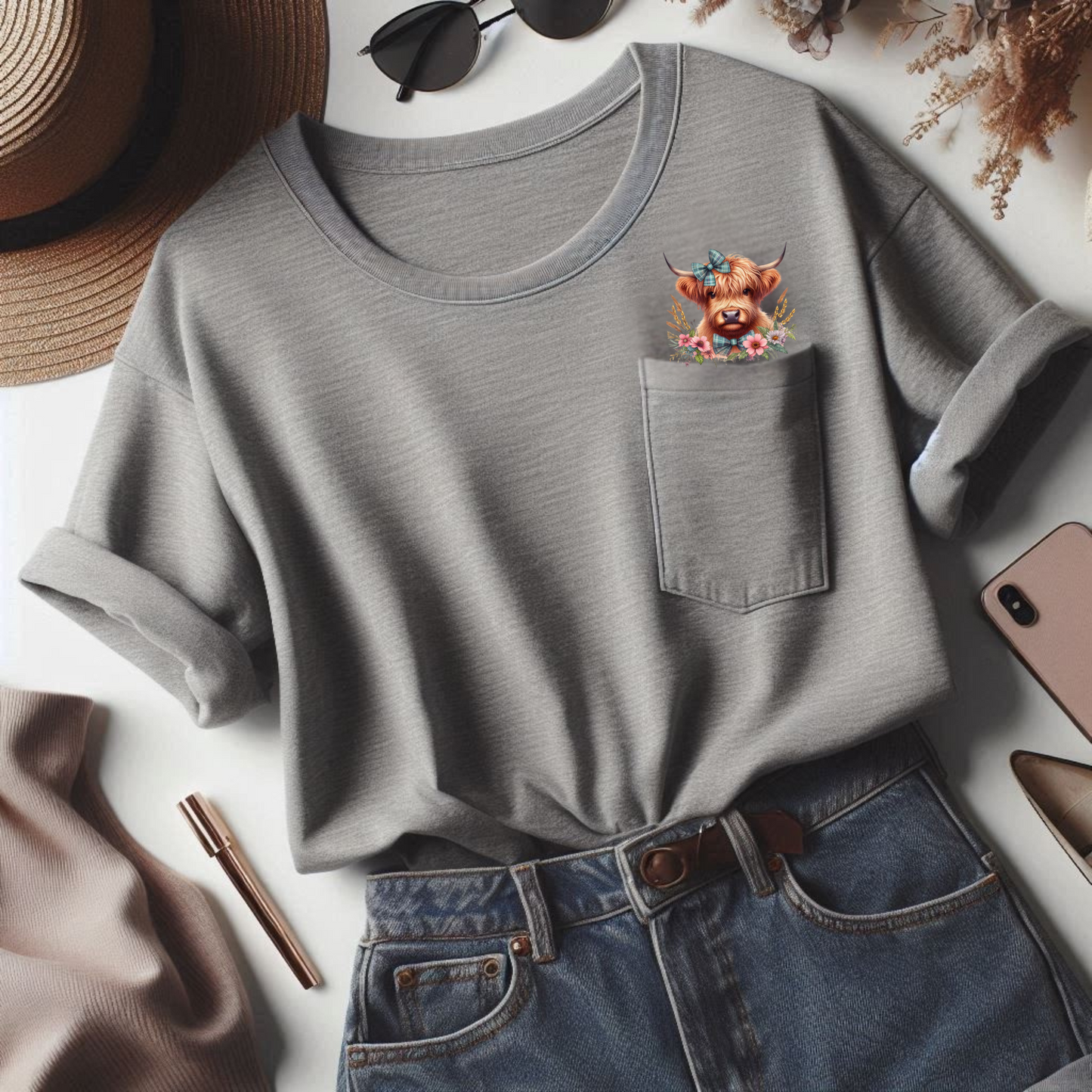 Whimsical Highland Cow and Floral Pocket Tee, Nature Lover Mom Pocket Tshirt, Mothers Day Gift Casual Graphic Gift for Friends Everyday Wear
