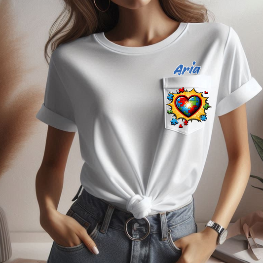 Personalized Autism Awareness Pocket Tee Customizable Name, ASD Advocate Puzzle Piece Heart Superhero Pow Shirt, Autism Spectrum Disorder