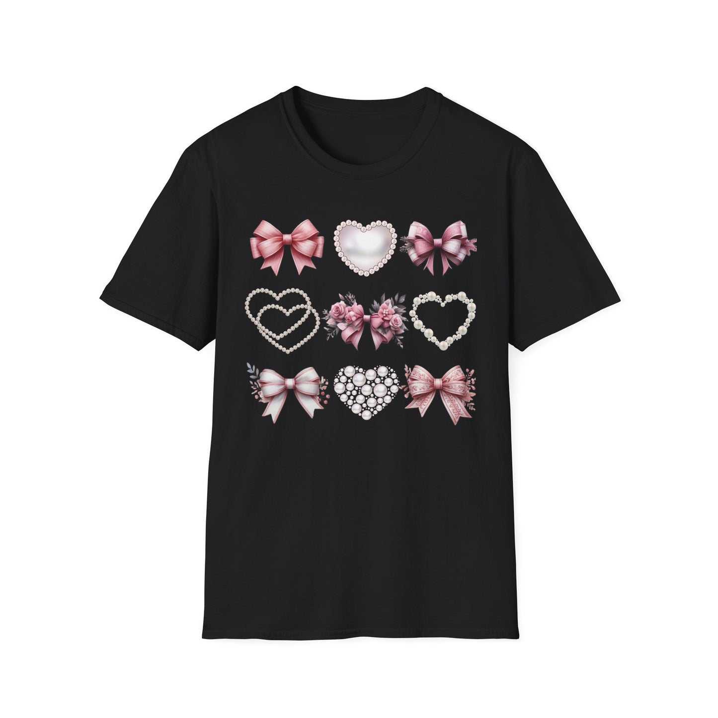 Coquette Bow, Pearls, and Hearts Shirt, Trendy and Chic design, Everyday Casual Wear, Unique Gift Idea, Unisex Softstyle Tee