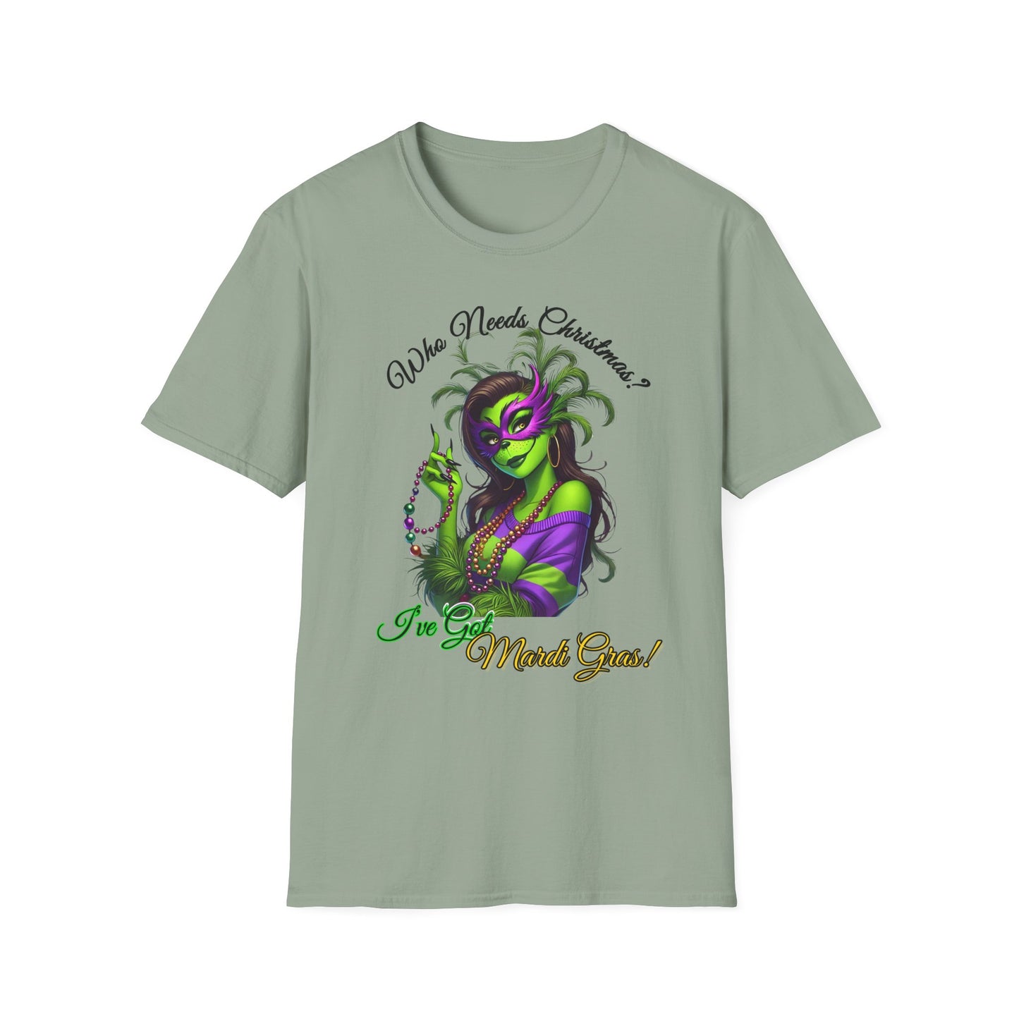 Mardi Gras T-Shirt, Sassy Grinch Graphic Tee, Unisex Softstyle Tee, Carnival Celebration Shirt, Fun Festive Wear, Holiday Gift