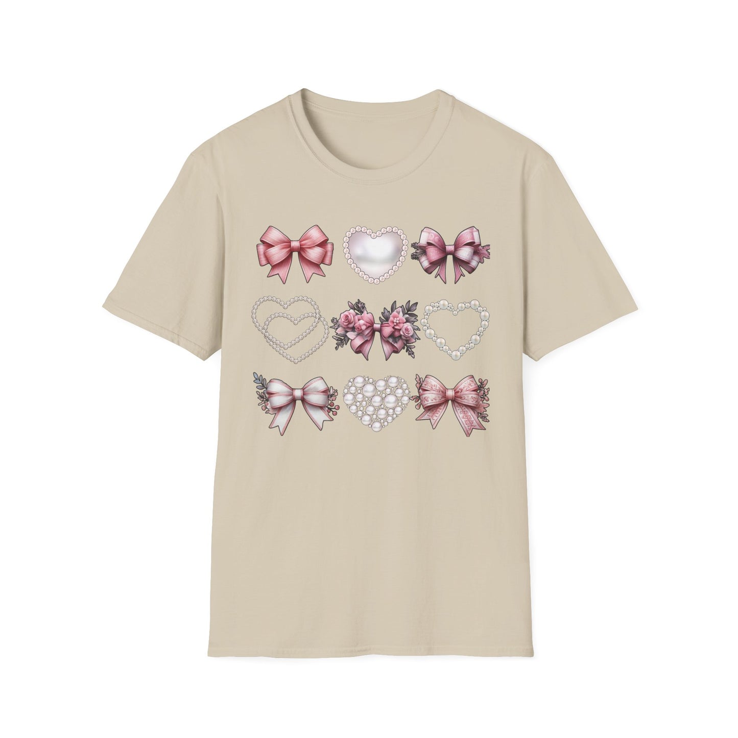 Coquette Bow, Pearls, and Hearts Shirt, Trendy and Chic design, Everyday Casual Wear, Unique Gift Idea, Unisex Softstyle Tee