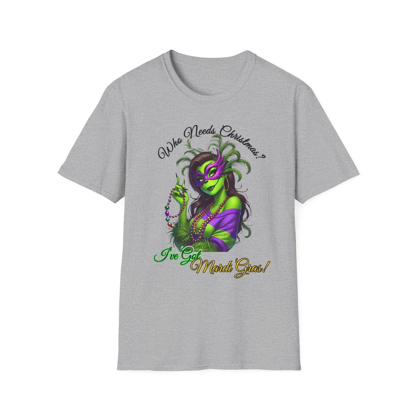 Mardi Gras T-Shirt, Sassy Grinch Graphic Tee, Unisex Softstyle Tee, Carnival Celebration Shirt, Fun Festive Wear, Holiday Gift