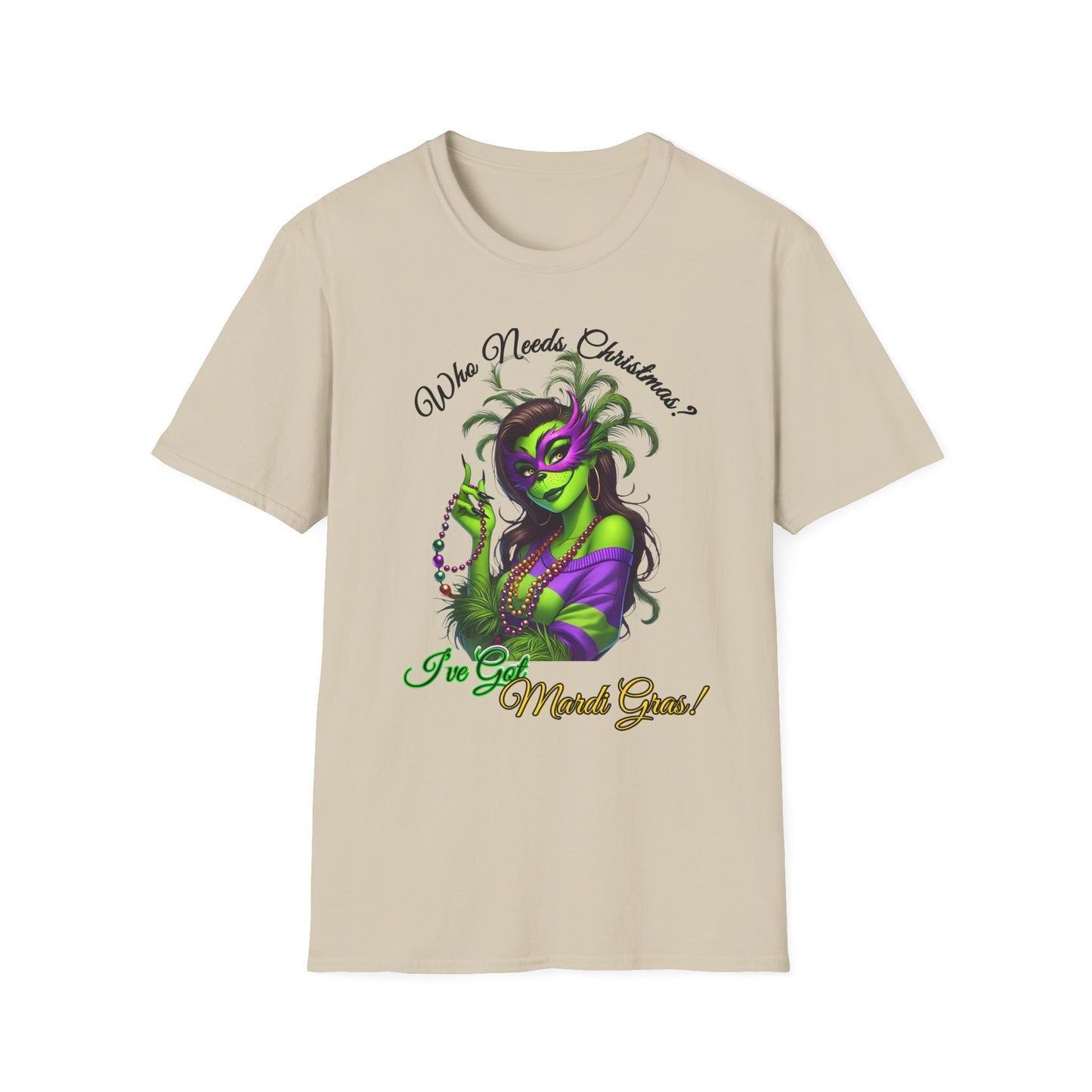 Mardi Gras T-Shirt, Sassy Grinch Graphic Tee, Unisex Softstyle Tee, Carnival Celebration Shirt, Fun Festive Wear, Holiday Gift