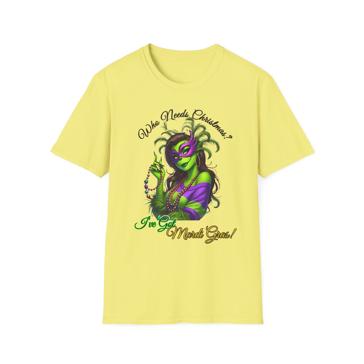 Mardi Gras T-Shirt, Sassy Grinch Graphic Tee, Unisex Softstyle Tee, Carnival Celebration Shirt, Fun Festive Wear, Holiday Gift