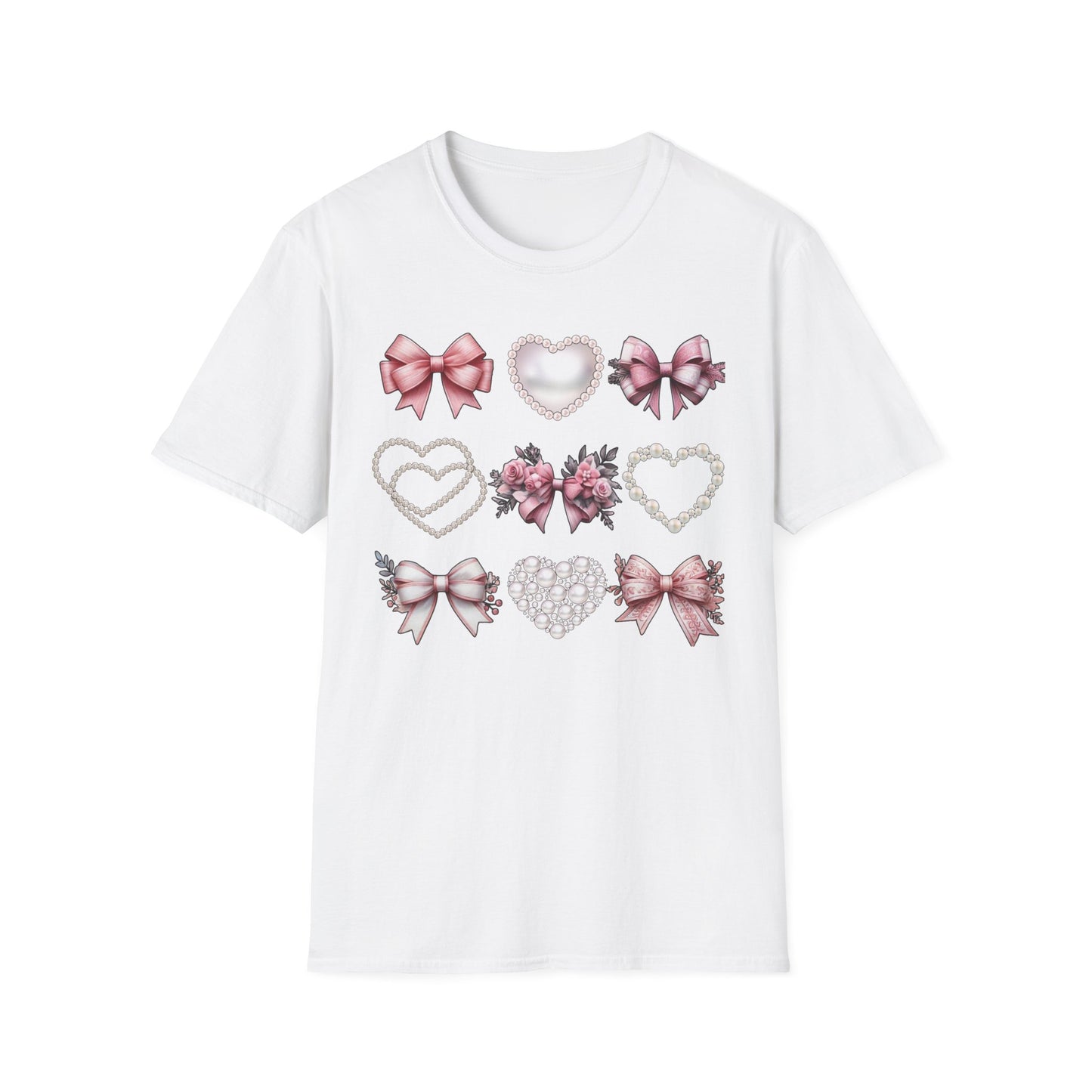 Coquette Bow, Pearls, and Hearts Shirt, Trendy and Chic design, Everyday Casual Wear, Unique Gift Idea, Unisex Softstyle Tee