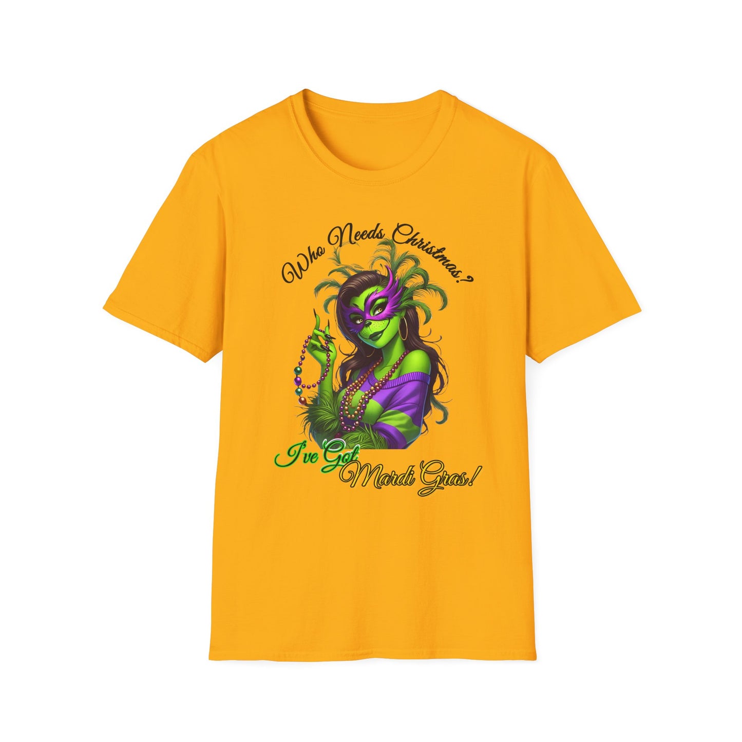 Mardi Gras T-Shirt, Sassy Grinch Graphic Tee, Unisex Softstyle Tee, Carnival Celebration Shirt, Fun Festive Wear, Holiday Gift