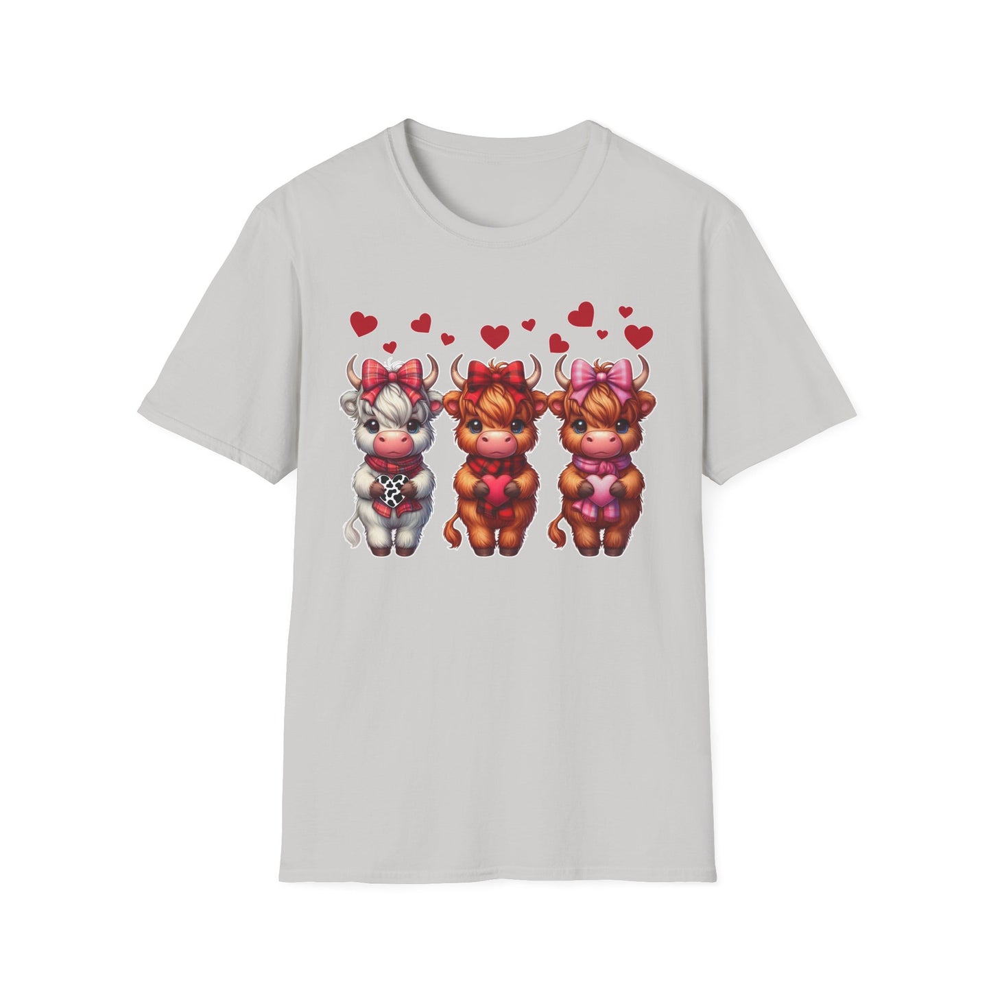 Highland Cow Valentine Shirt, Trendy Cute Farmhouse Valentine Tee, Cows Hearts & Bows, Casual Wear, Unique Gift Idea, Unisex Softstyle Tee