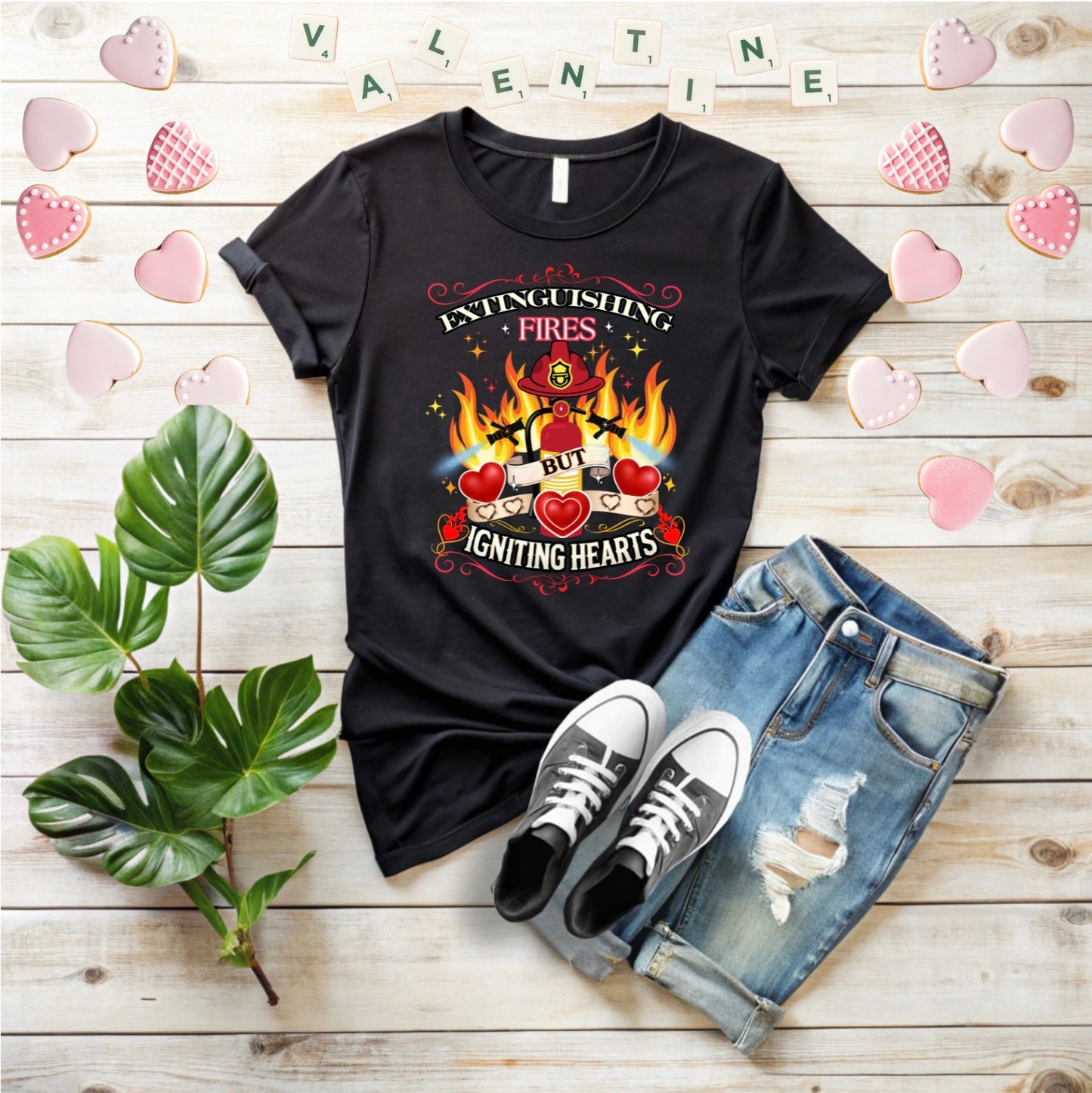 Extinguishing Fires Hearts Unisex T-Shirt, Cute Firefighter Fireman Lover Tee Gift for First Responder Friend, Funny love, Valentine's Day