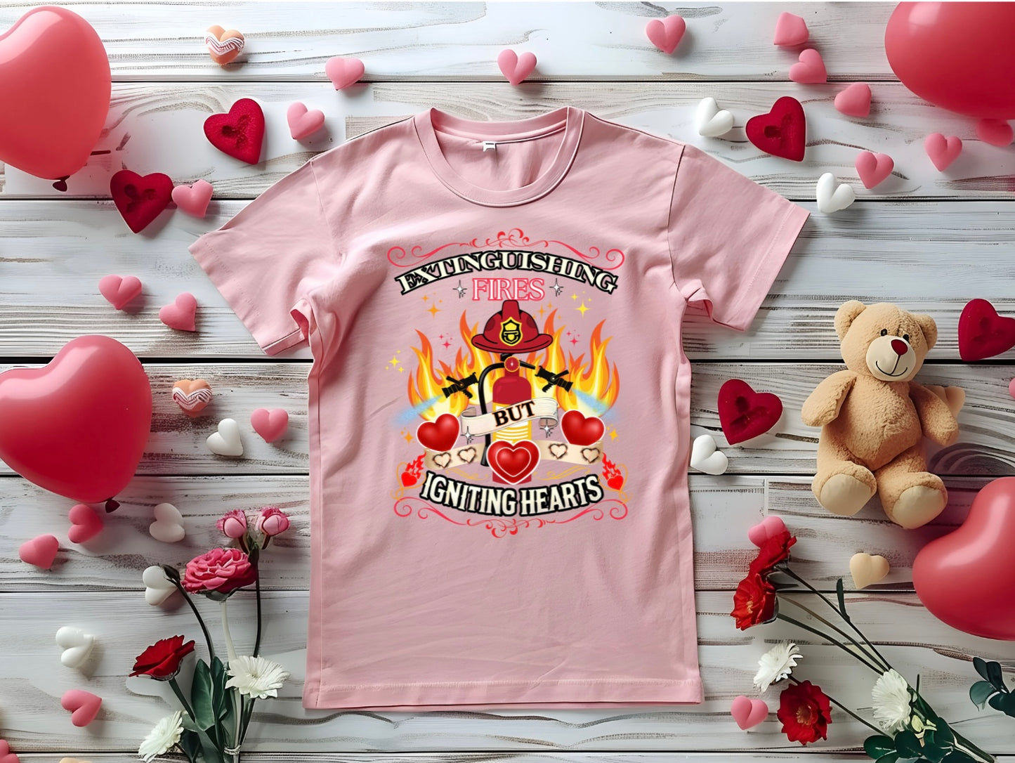 Extinguishing Fires Hearts Unisex T-Shirt, Cute Firefighter Fireman Lover Tee Gift for First Responder Friend, Funny love, Valentine's Day