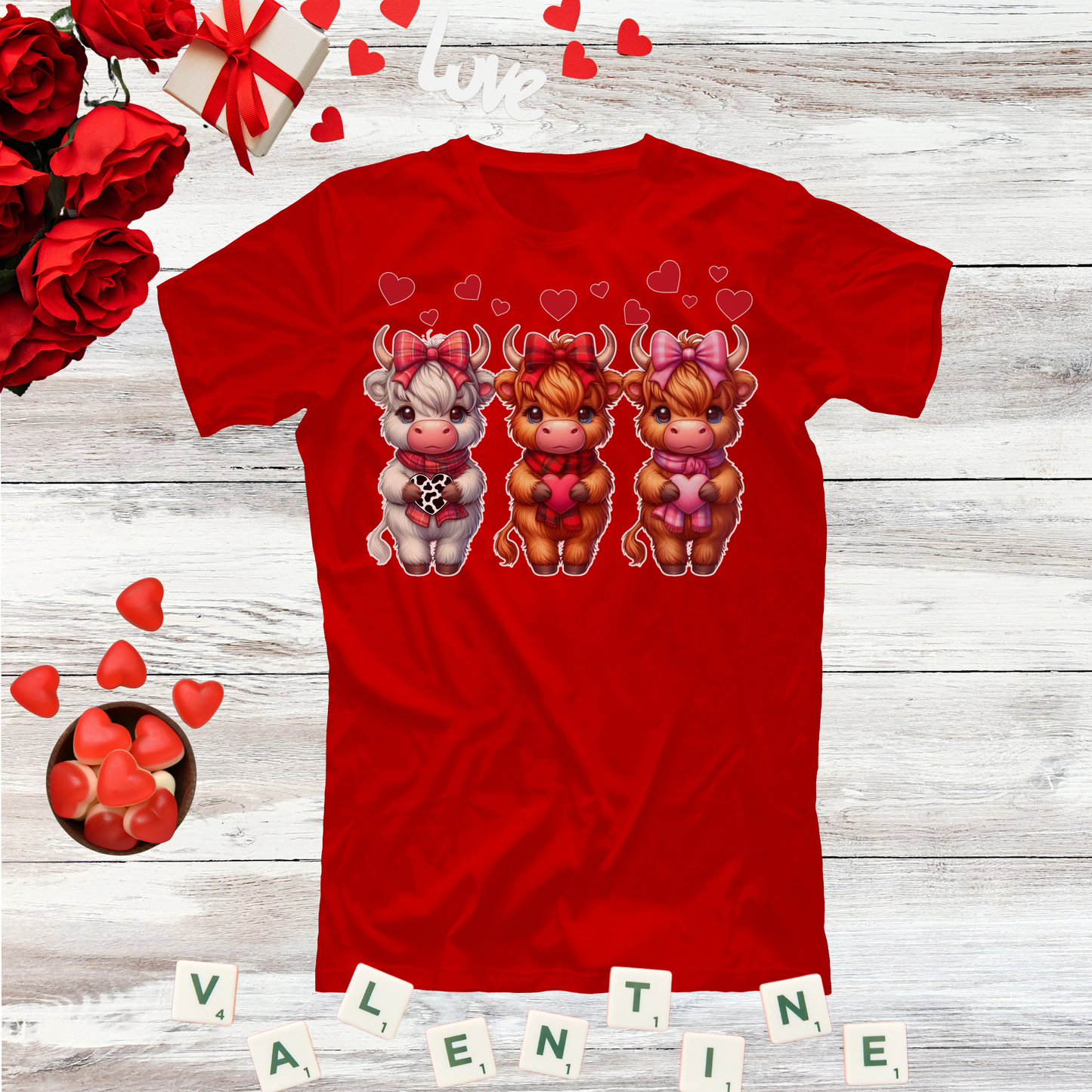 Highland Cow Valentine Shirt, Trendy Cute Farmhouse Valentine Tee, Cows Hearts & Bows, Casual Wear, Unique Gift Idea, Unisex Softstyle Tee