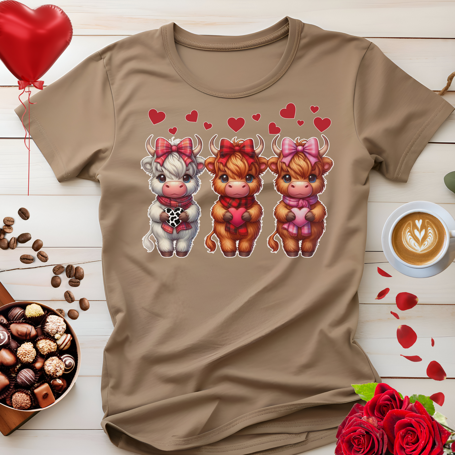 Highland Cow Valentine Shirt, Trendy Cute Farmhouse Valentine Tee, Cows Hearts & Bows, Casual Wear, Unique Gift Idea, Unisex Softstyle Tee