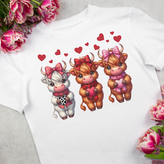 Highland Cow Valentine Shirt, Trendy Cute Farmhouse Valentine Tee, Cows Hearts & Bows, Casual Wear, Unique Gift Idea, Unisex Softstyle Tee