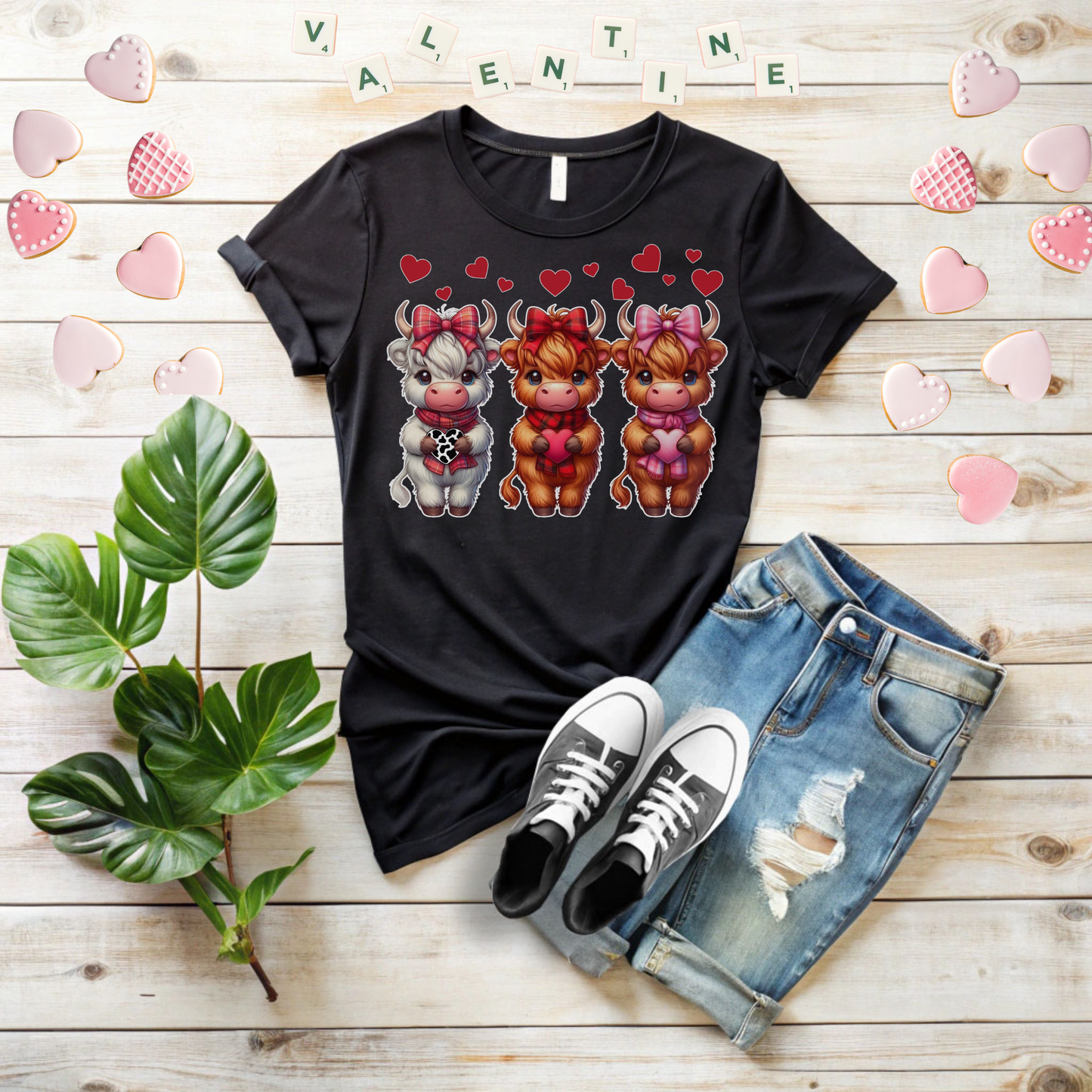 Highland Cow Valentine Shirt, Trendy Cute Farmhouse Valentine Tee, Cows Hearts & Bows, Casual Wear, Unique Gift Idea, Unisex Softstyle Tee