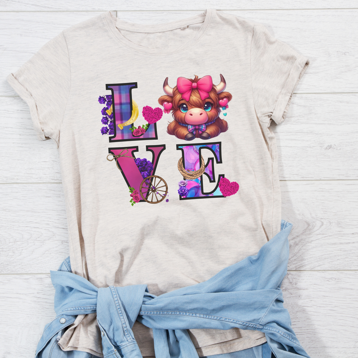 Highland Cow Valentine Shirt, Trendy Cute Farmhouse Valentine Tee, Cows Hearts & Bows, Casual Wear, Unique Gift Idea, Unisex Softstyle Tee