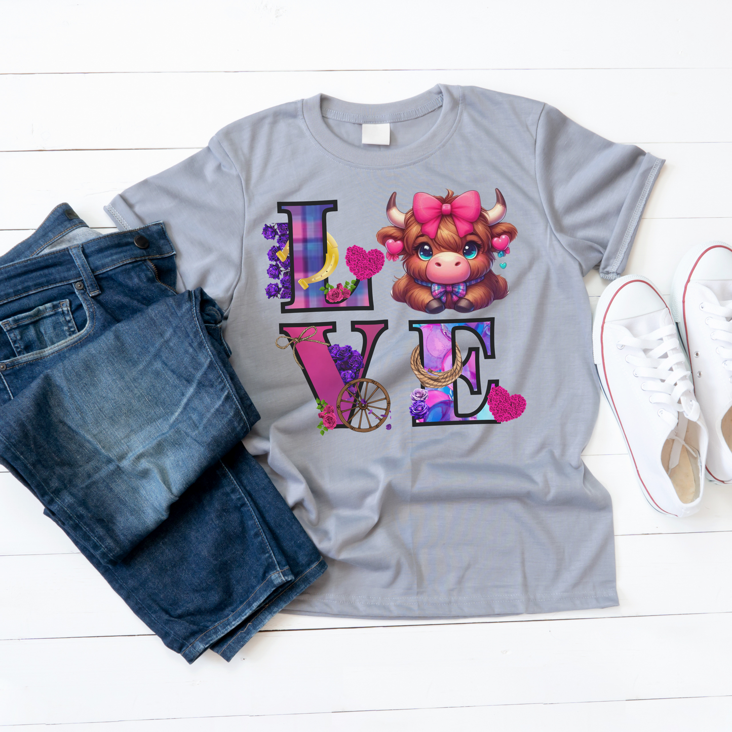 Highland Cow Valentine Shirt, Trendy Cute Farmhouse Valentine Tee, Cows Hearts & Bows, Casual Wear, Unique Gift Idea, Unisex Softstyle Tee