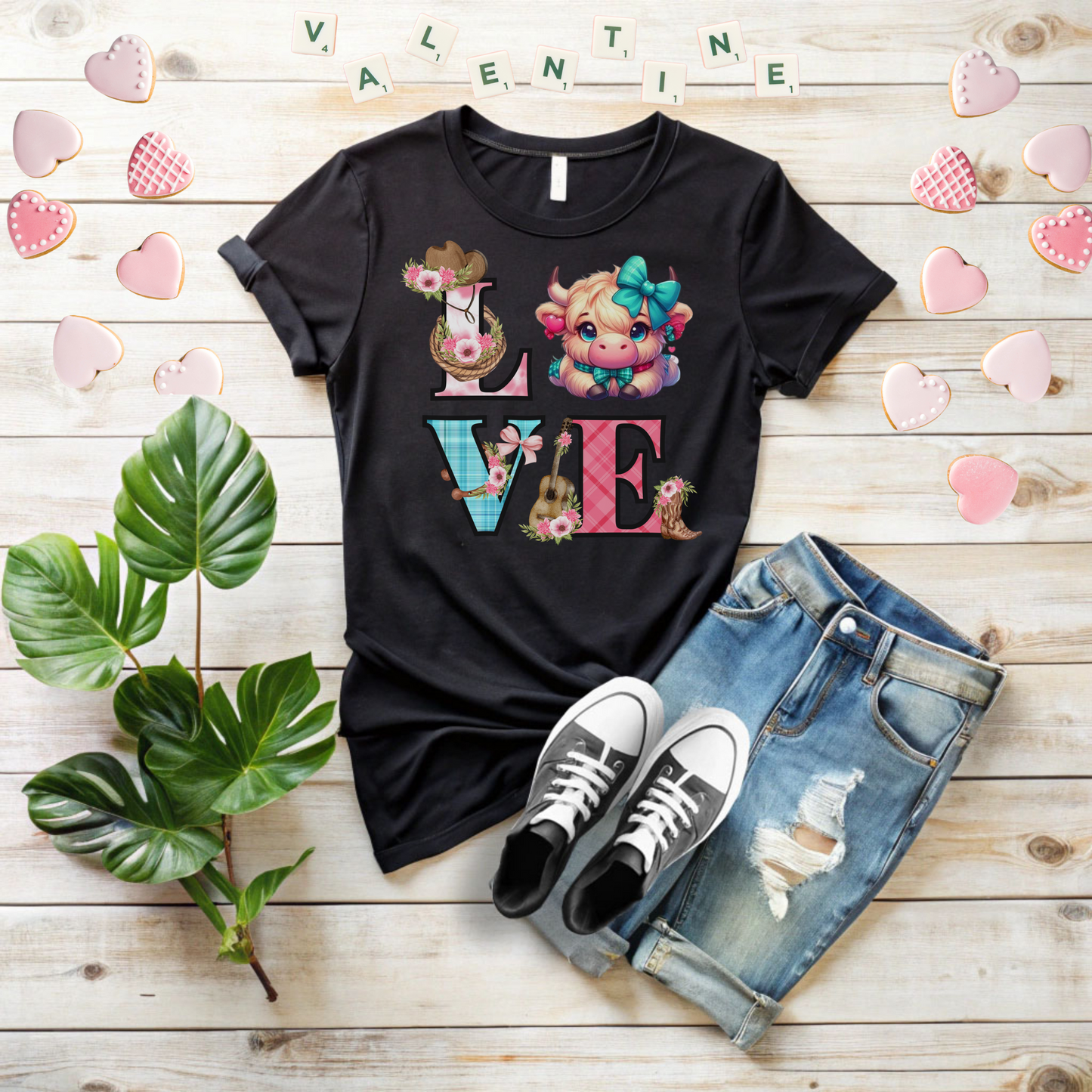 Highland Cow Valentine Shirt, Trendy Cute Farmhouse Valentine Tee, Cows Hearts & Bows, Casual Wear, Unique Gift Idea, Unisex Softstyle Tee