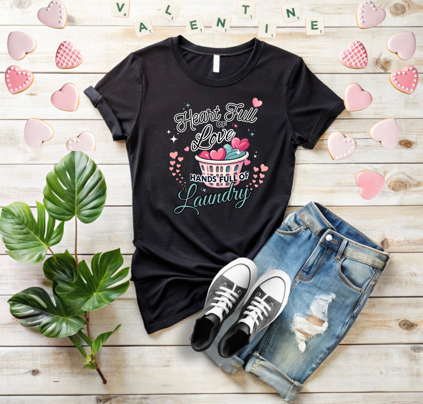 Heart Full of Love Hands Full of Laundry T-Shirt, Cute Busy Mom Life Tee, Gift for Moms, Funny love gift, Birthday, Valentine's Day