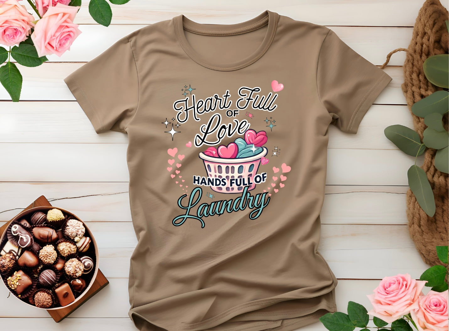 Heart Full of Love Hands Full of Laundry T-Shirt, Cute Busy Mom Life Tee, Gift for Moms, Funny love gift, Birthday, Valentine's Day