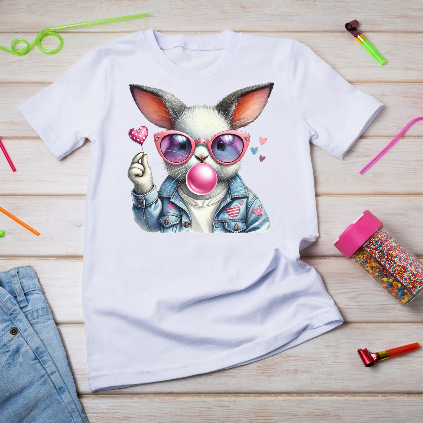 Bubble Gum Bunny Love Graphic Tee, Cute Aesthetic Bunny Rabbit Shirt, Pastel Animal Lover Gift,  Unisex Trendy Bunny Shirt Casual Wear