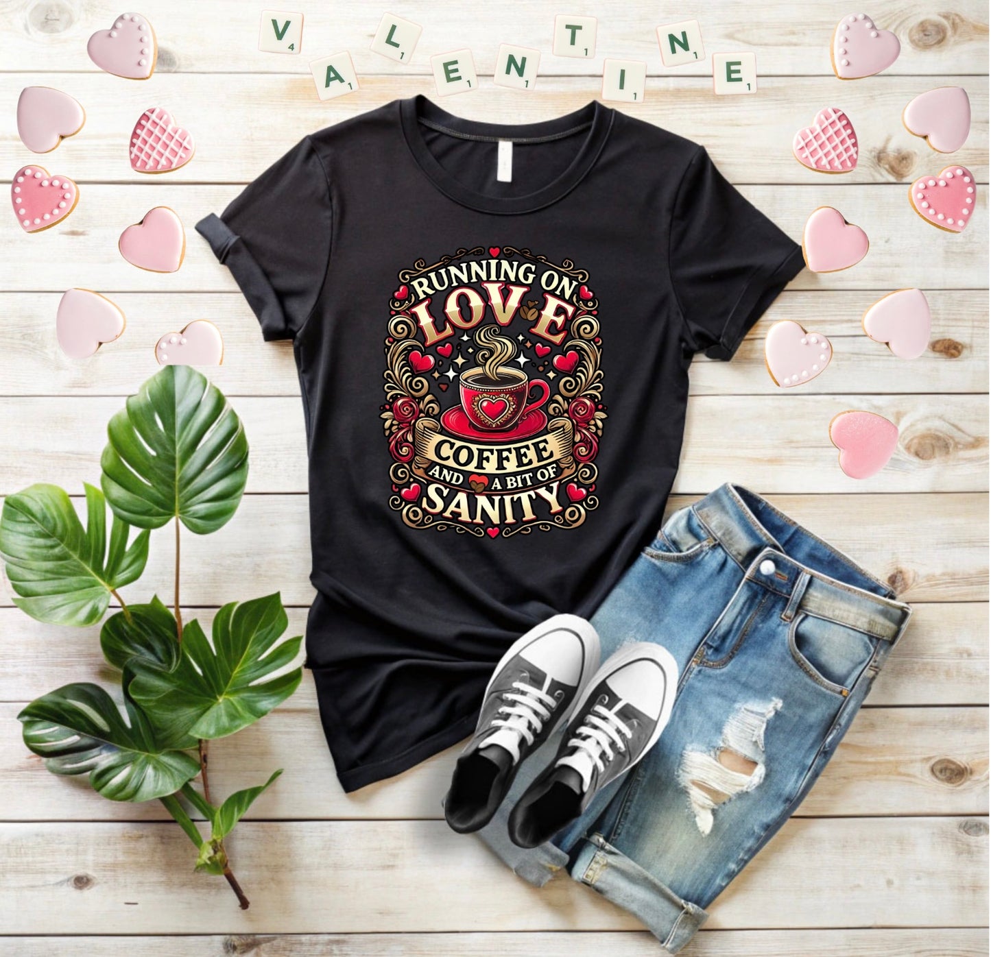 Running on Love Coffee Sanity Unisex T-Shirt, Cute Coffee Lover Tee, Gift for Coffee Addicts, Funny love gift, Birthday, Valentine's Day