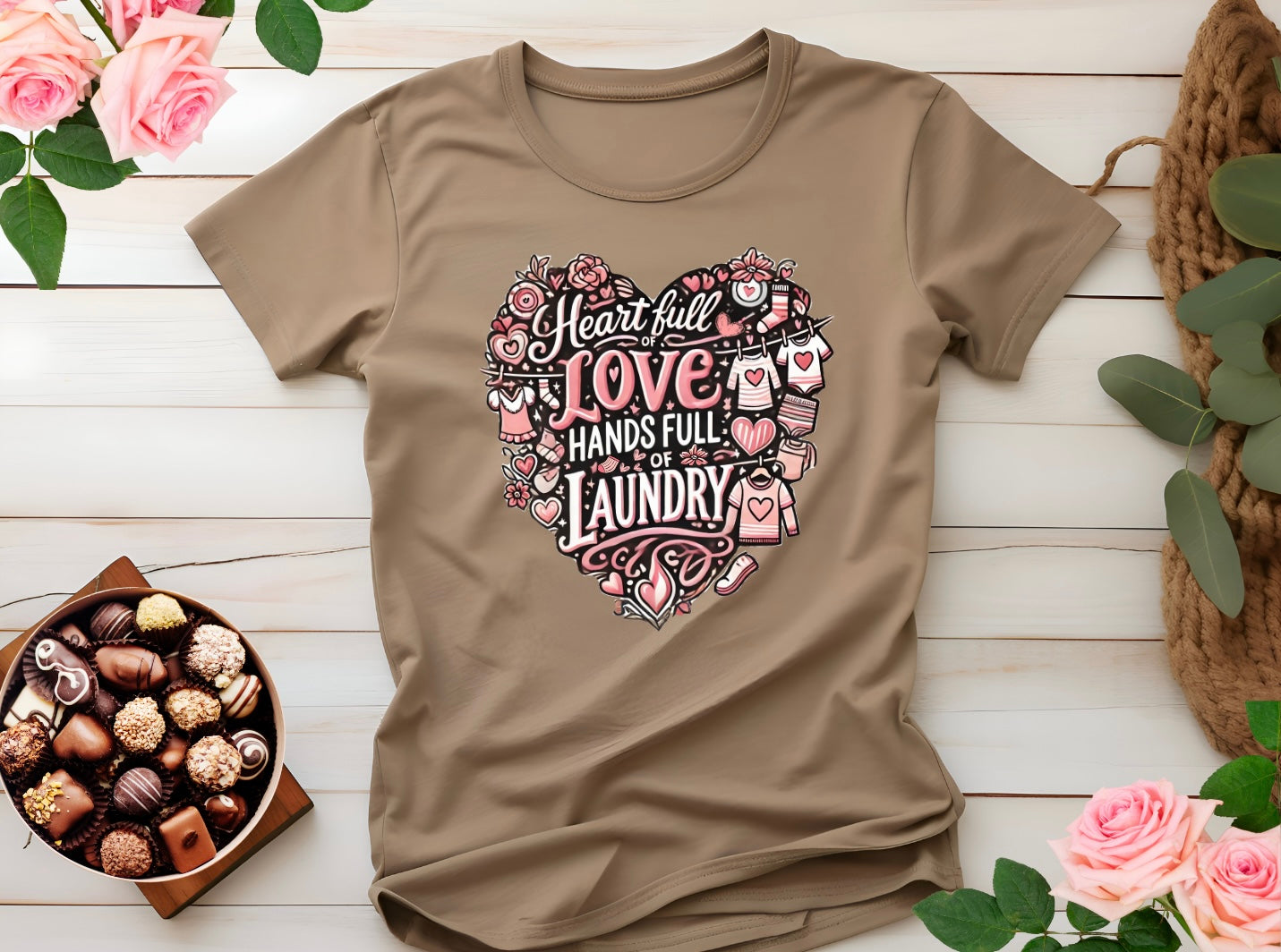 Heart Full of Love Hands Full of Laundry T-Shirt, Cute Busy Mom Life Tee, Gift for Moms, Funny love gift, Birthday, Valentine's Day